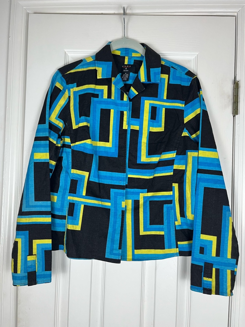 Studio g Stretch Large Geometric Print Linen Cotton Lightweight Jacket Sz 8